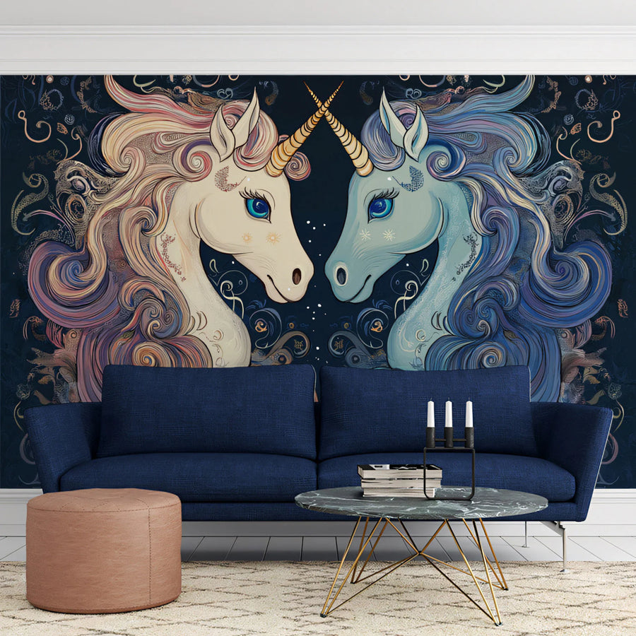 Unicorn - Themed Gemini Mural Wallpaper Soft Blues, Pinks, and Celestial Touches Mural Wallpaper