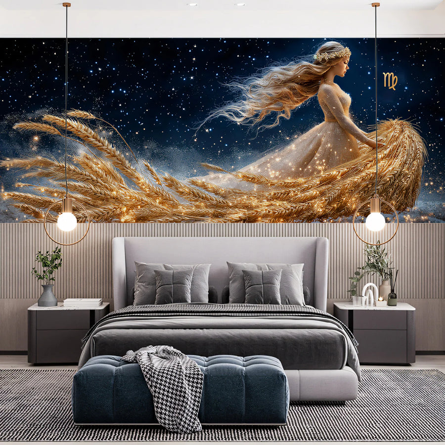 Virgo Celestial Maiden Mural Wallpaper — Midnight Sky and Wheat Mural Wallpaper