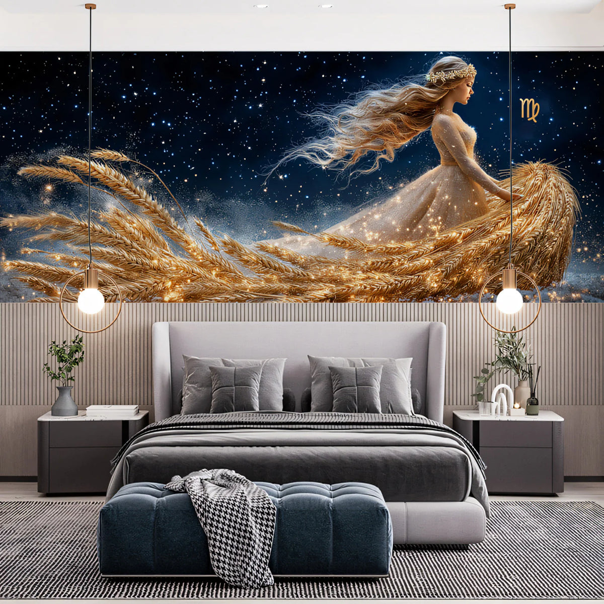 Virgo Celestial Maiden Mural Wallpaper — Midnight Sky and Wheat Mural Wallpaper - pure wallpaper artwork