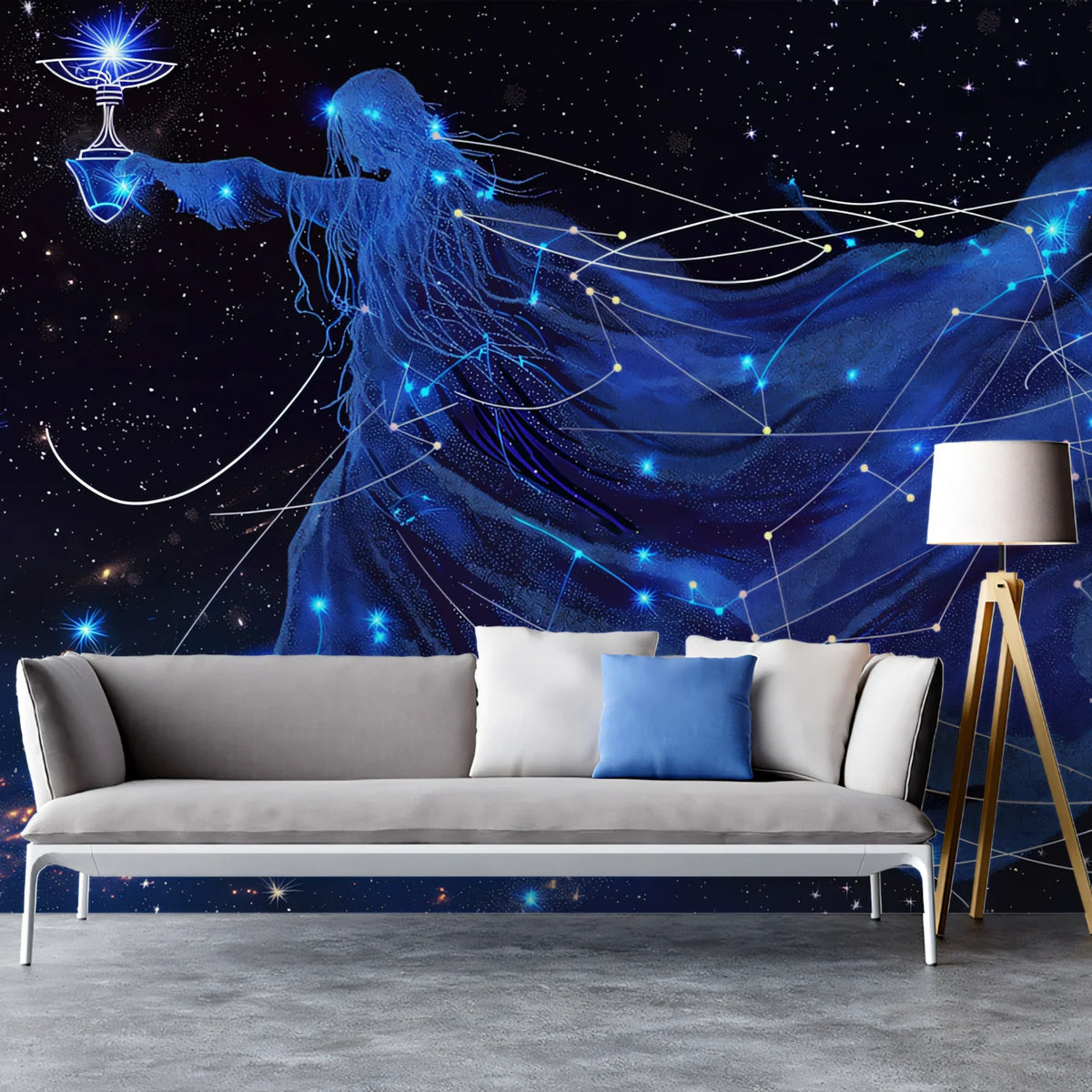 Aquarius Celestial Figure Mural Wallpaper — Cosmic Midnight Blue Mural Wallpaper - pure wallpaper artwork
