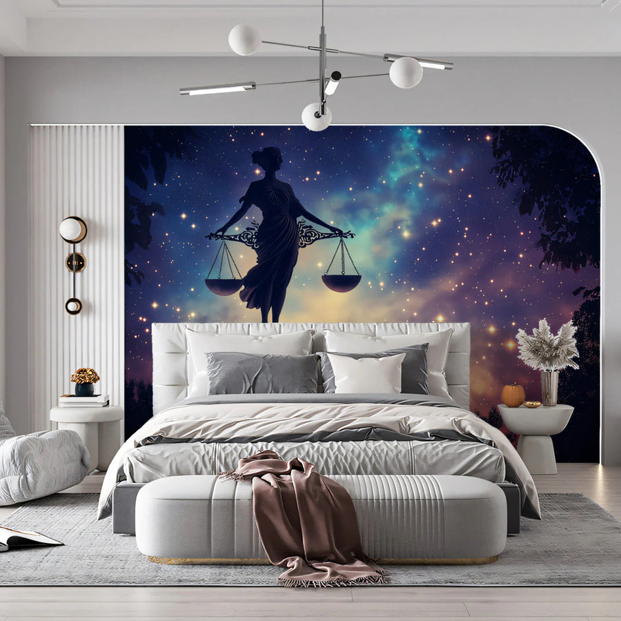 Celestial Libra Scales Mural Wallpaper — Cosmic Night Sky Design Mural Wallpaper