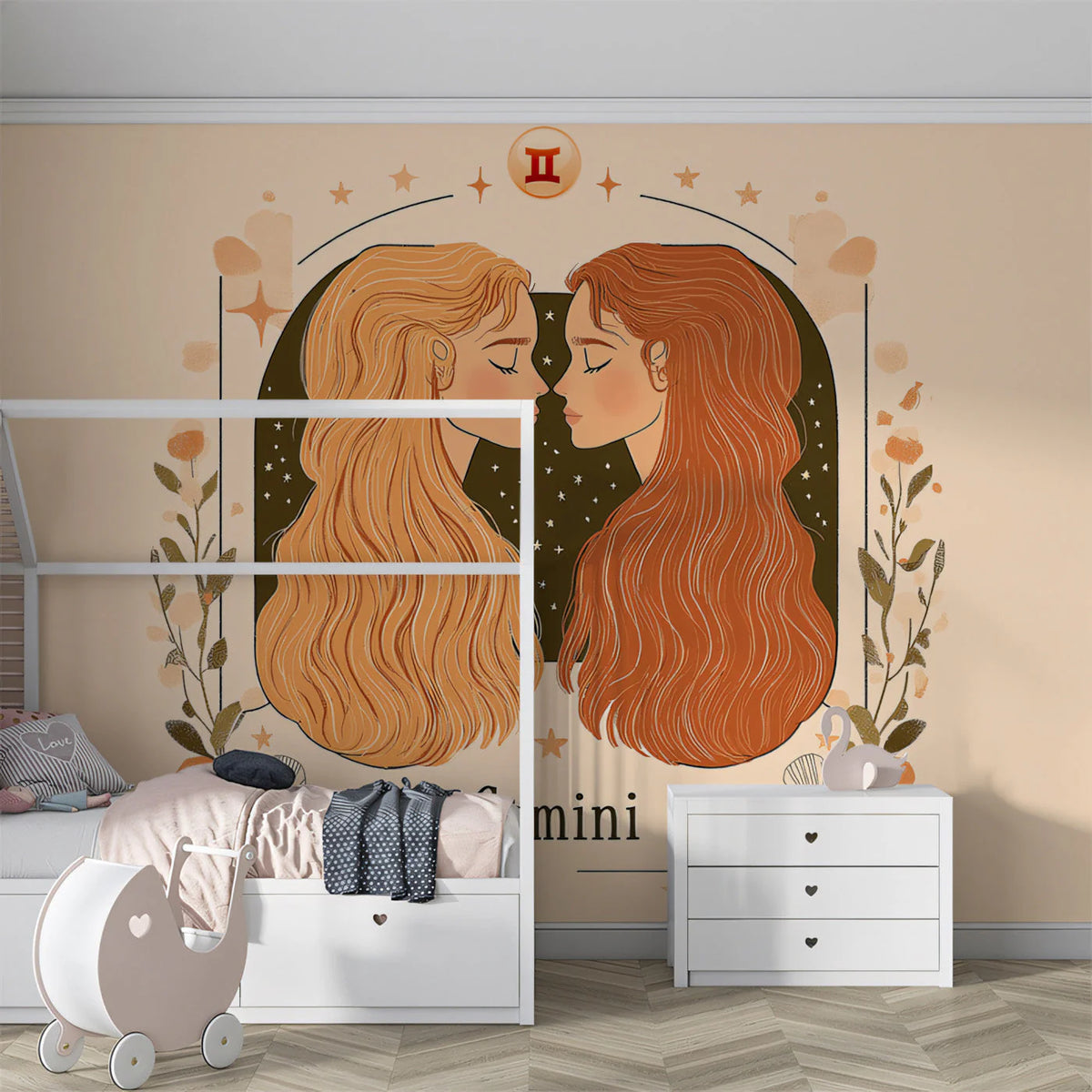 Gemini Zodiac Mural Wallpaper — Celestial Twin Illustration Mural Wallpaper - pure wallpaper artwork