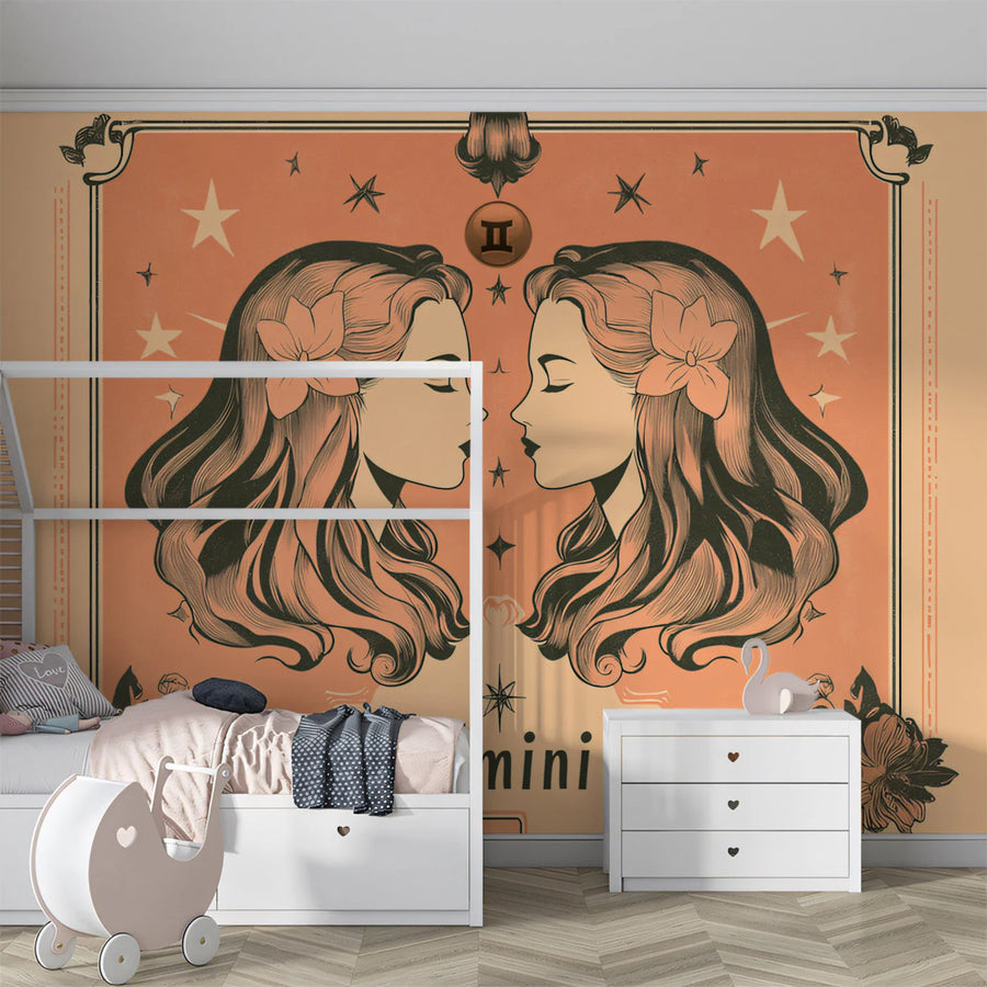Gemini Astrological Mural Wallpaper — Vintage Line Art Style Mural Wallpaper
