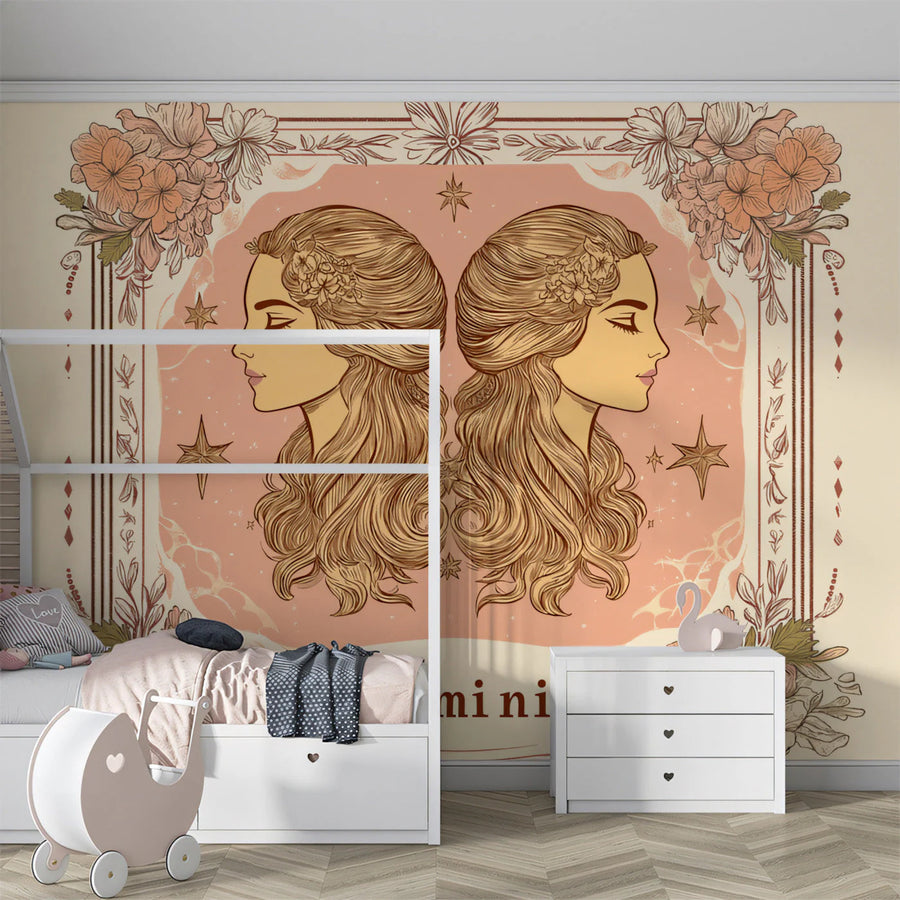 Gemini Celestial Twins Mural Wallpaper — Soft Peach and Cream Mural Wallpaper