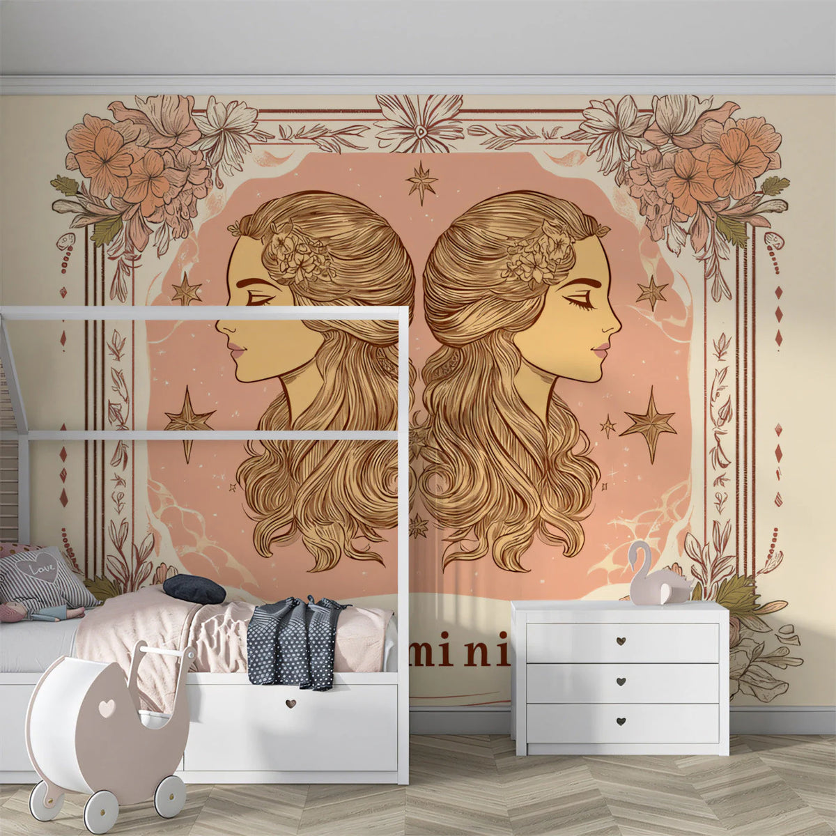 Gemini Celestial Twins Mural Wallpaper — Soft Peach and Cream Mural Wallpaper - pure wallpaper artwork