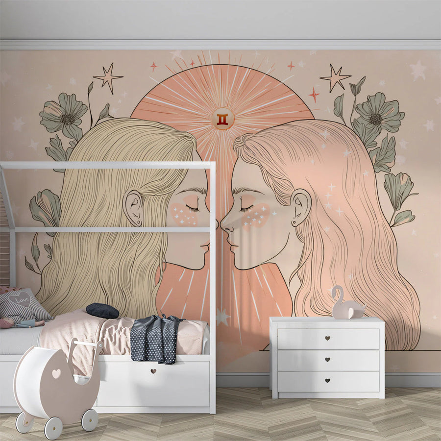 Gemini Celestial Twin Mural Wallpaper — Soft Pastel Art Mural Wallpaper