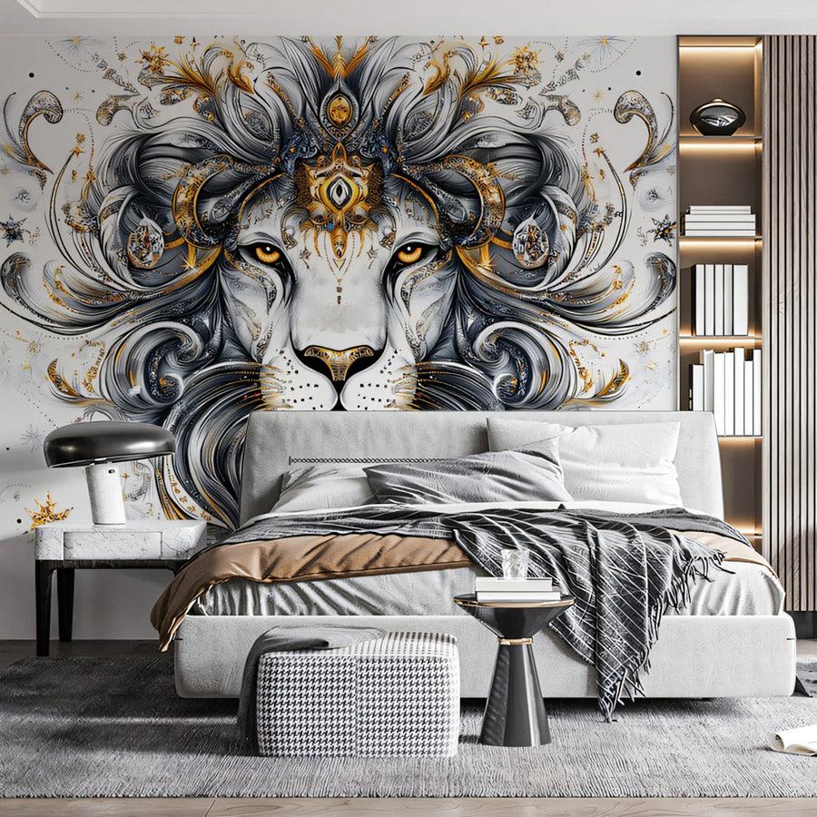 Regal Leo Lion Mural Wallpaper — Ornate Gold and Charcoal Design Mural Wallpaper