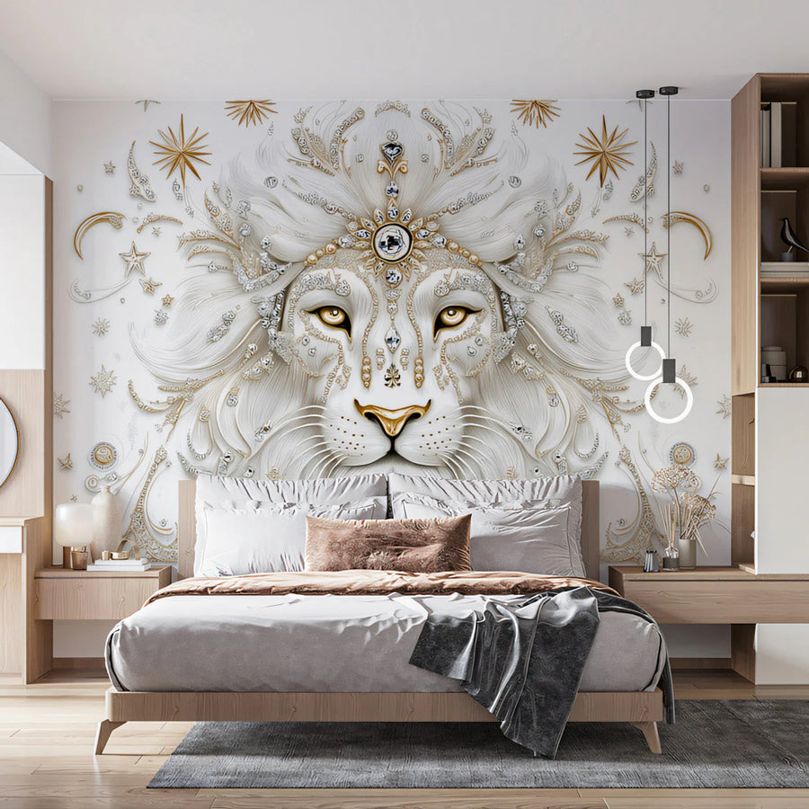 Celestial Leo Lion Mural Wallpaper — Ornate Gold and White Mural Wallpaper