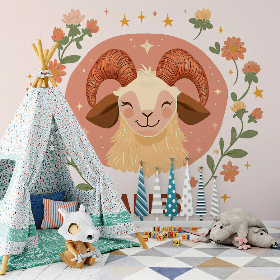 Aries Zodiac Floral Mural Wallpaper — Whimsical Ram Illustration Mural Wallpaper