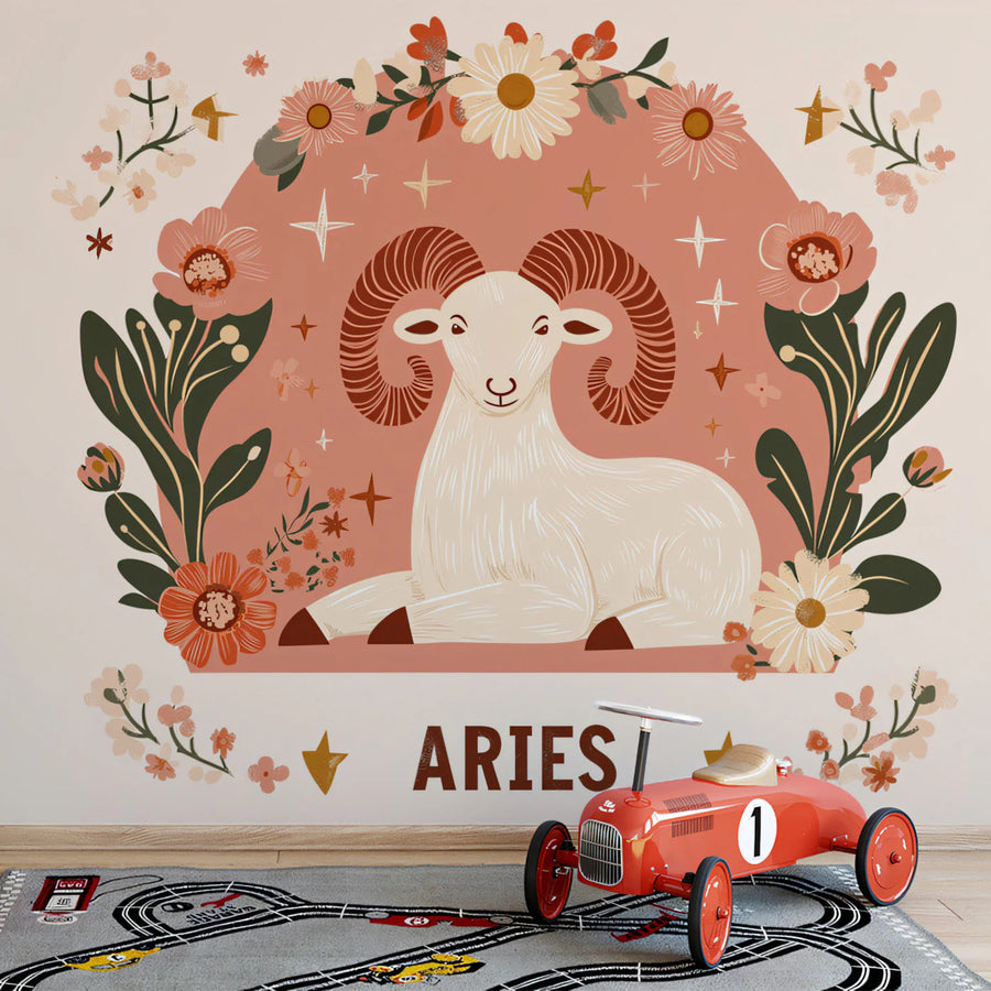 Aries Zodiac Ram Mural Wallpaper — Whimsical Floral Illustration Mural Wallpaper