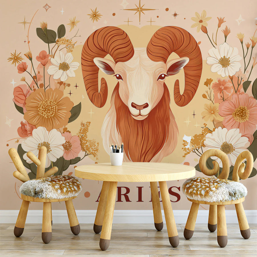 Aries Zodiac Floral Mural Wallpaper — Whimsical Earthy Tones Mural Wallpaper