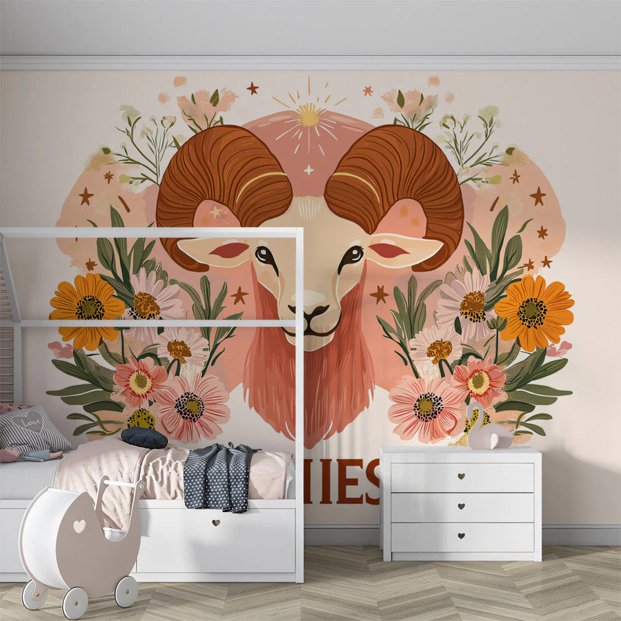 Aries Zodiac Floral Mural Wallpaper — Whimsical Ram Art Mural Wallpaper