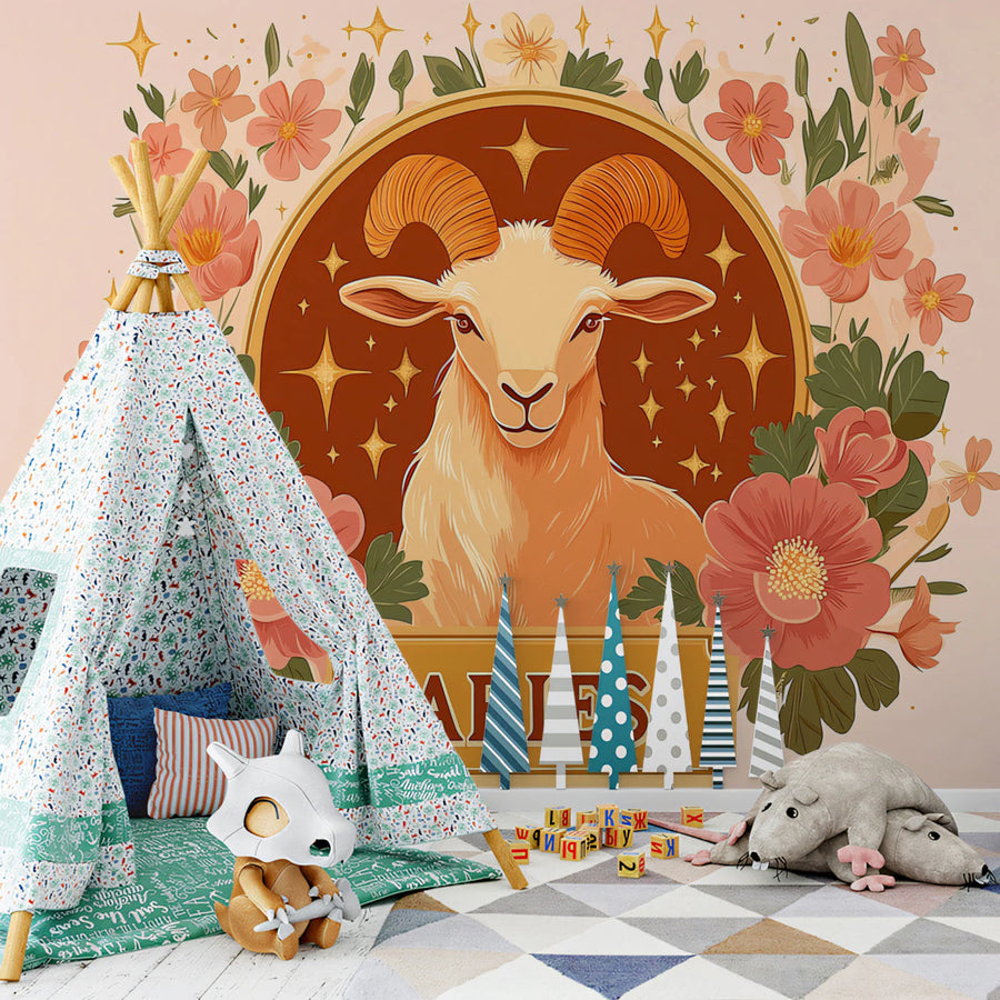 Aries Zodiac Mural Wallpaper — Ornate Floral Ram Illustration Mural Wallpaper