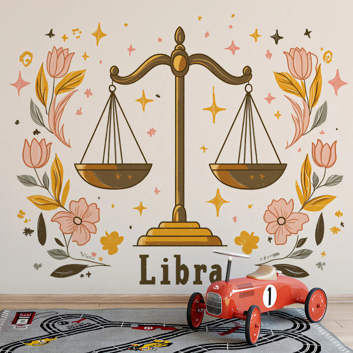 Libra Zodiac Scale Mural Wallpaper — Soft Floral Illustration Mural Wallpaper - pure wallpaper artwork