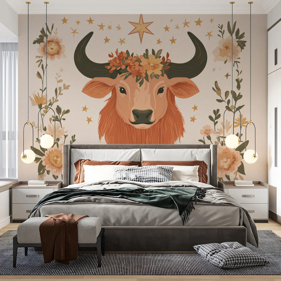 Taurus Zodiac Mural Wallpaper with Celestial Floral Motif Mural Wallpaper