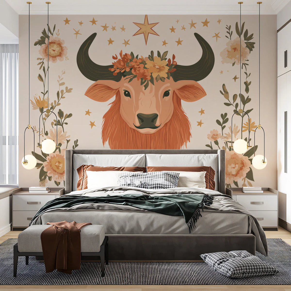 Taurus Zodiac Mural Wallpaper with Celestial Floral Motif Mural Wallpaper - pure wallpaper artwork