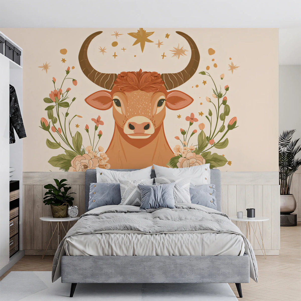 Taurus Zodiac Bull Mural Wallpaper — Celestial Floral Art Mural Wallpaper - pure wallpaper artwork