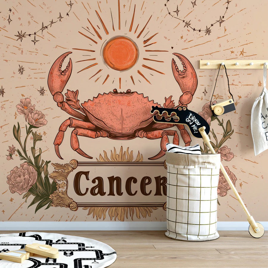Cancer - Sunlit Crab Mural Wallpaper for a Nursey Warm Browns, Celestial Motifs Mural Wallpaper