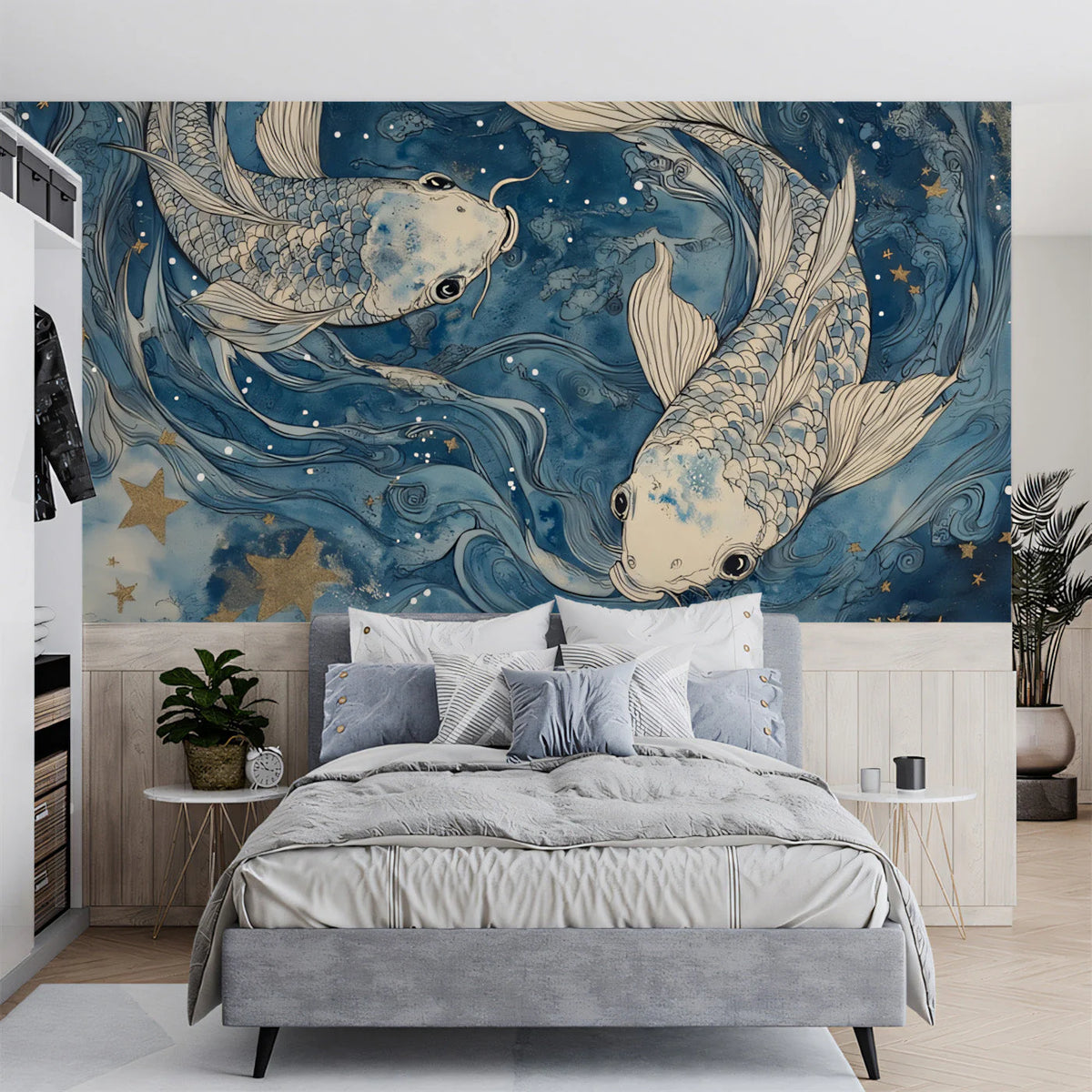 Celestial Koi Mural Wallpaper — Deep Navy and Gold Swirl Mural Wallpaper - pure wallpaper artwork
