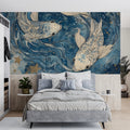Celestial Koi Mural Wallpaper — Deep Navy and Gold Swirl Mural Wallpaper - pure wallpaper artwork