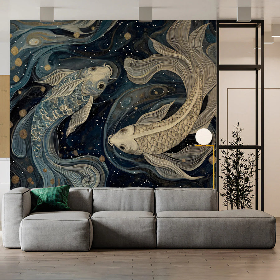 Celestial Koi Mural Wallpaper — Artistic Navy and Gold Swirls Mural Wallpaper