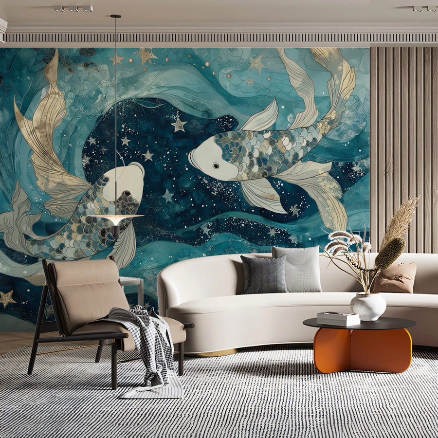 Celestial Koi Pisces Mural Wallpaper — Navy and Gold Aquatic Art Mural Wallpaper