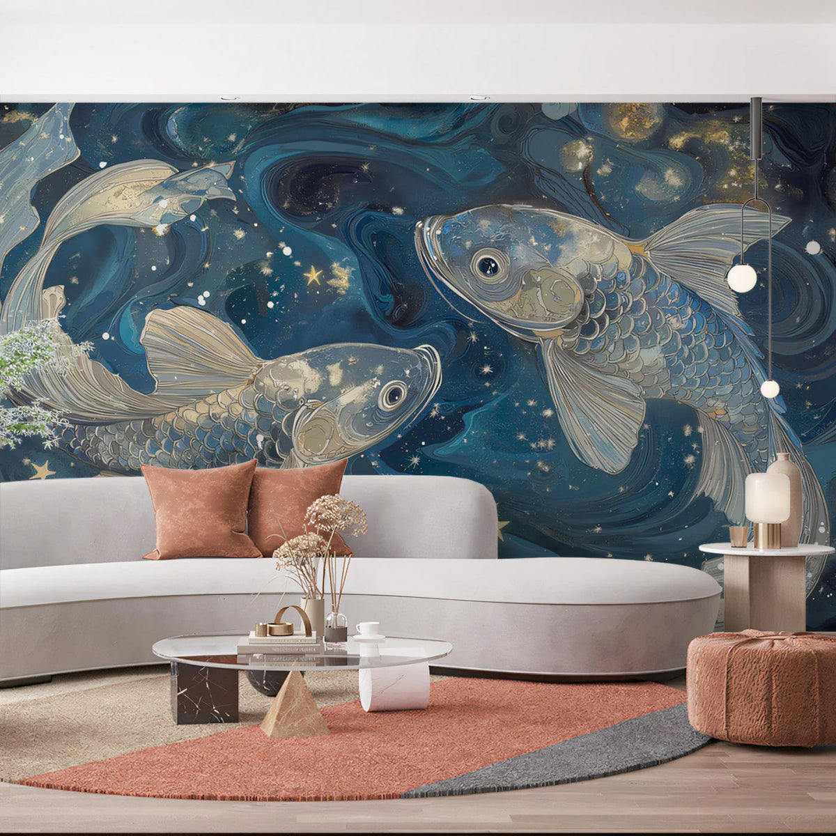 Pisces Cosmic Fish Mural Wallpaper — Deep Blue Celestial Art Mural Wallpaper - pure wallpaper artwork