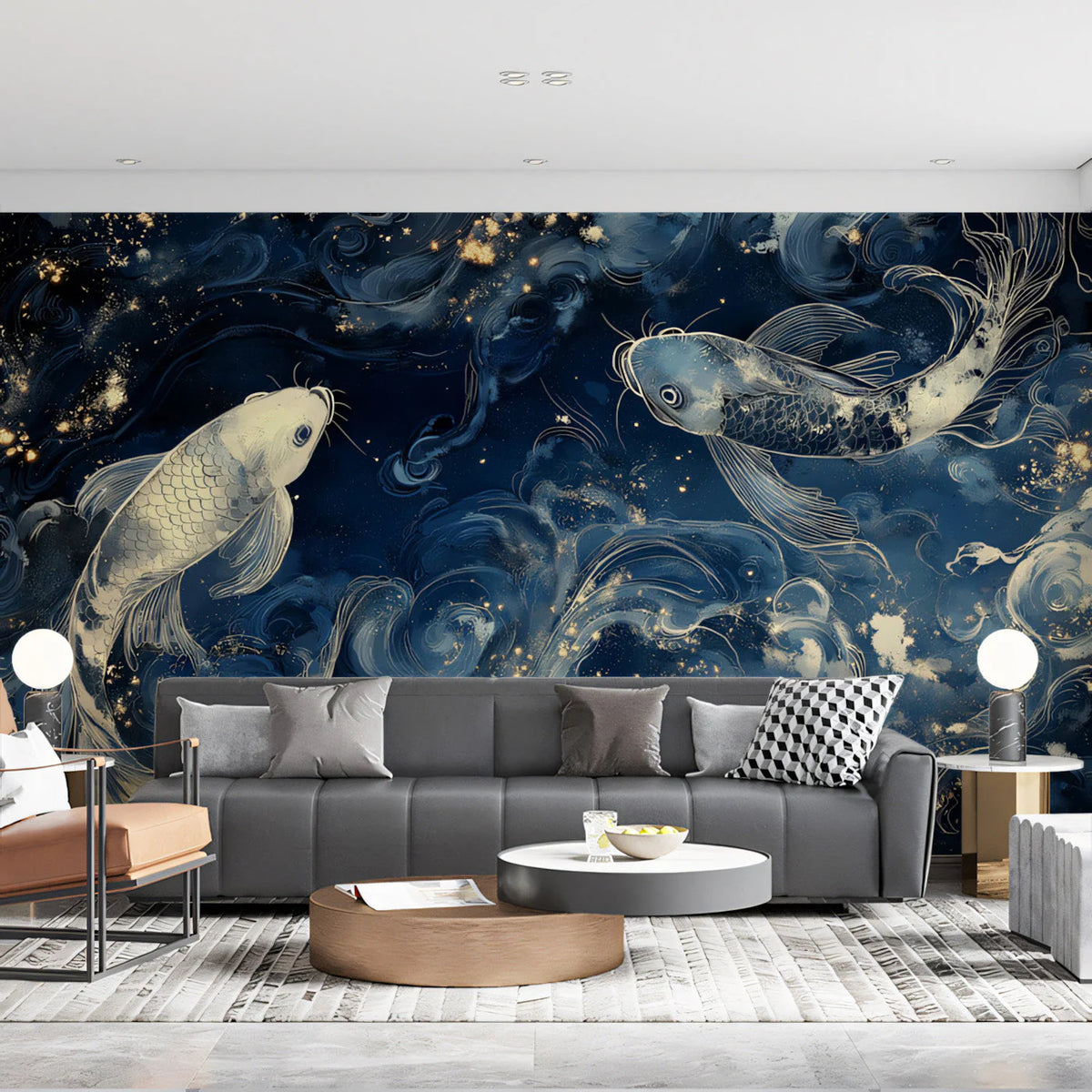 Pisces Celestial Koi Mural Wallpaper — Deep Blue and Gold Mural Wallpaper - pure wallpaper artwork