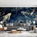 Pisces Celestial Koi Mural Wallpaper — Deep Blue and Gold Mural Wallpaper - pure wallpaper artwork