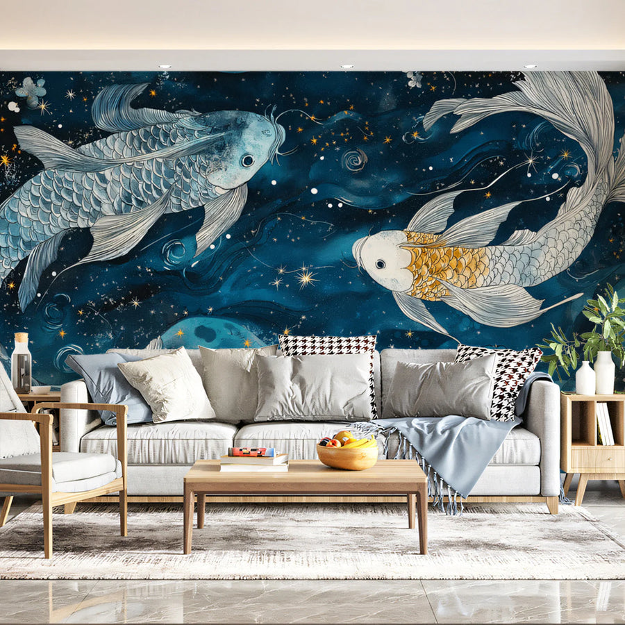 Celestial Koi Mural Wallpaper — Deep Blue Cosmic Fish Design Mural Wallpaper