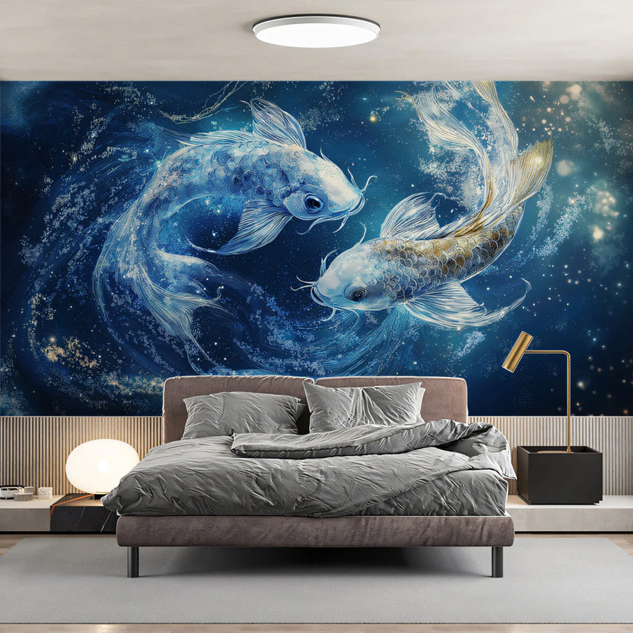 Pisces Celestial Fish Mural Wallpaper — Deep Navy and Gold Mural Wallpaper