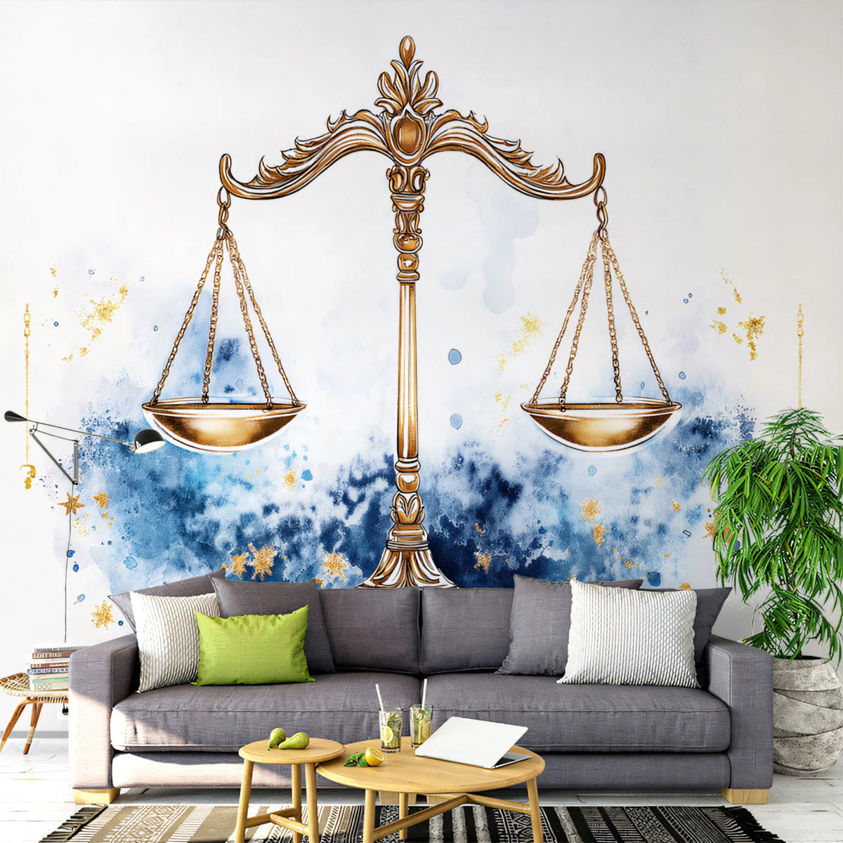 Libra Scales Mural Wallpaper — Celestial Gold and Watercolor Blue Mural Wallpaper - pure wallpaper artwork