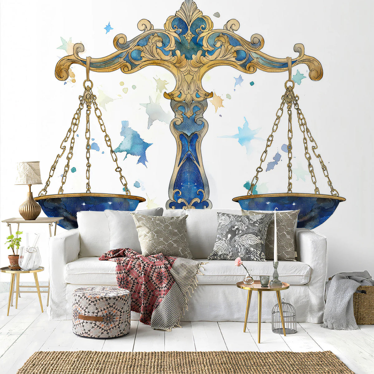 Celestial Libra Scales Mural Wallpaper — Gold and Navy Accents Mural Wallpaper - pure wallpaper artwork