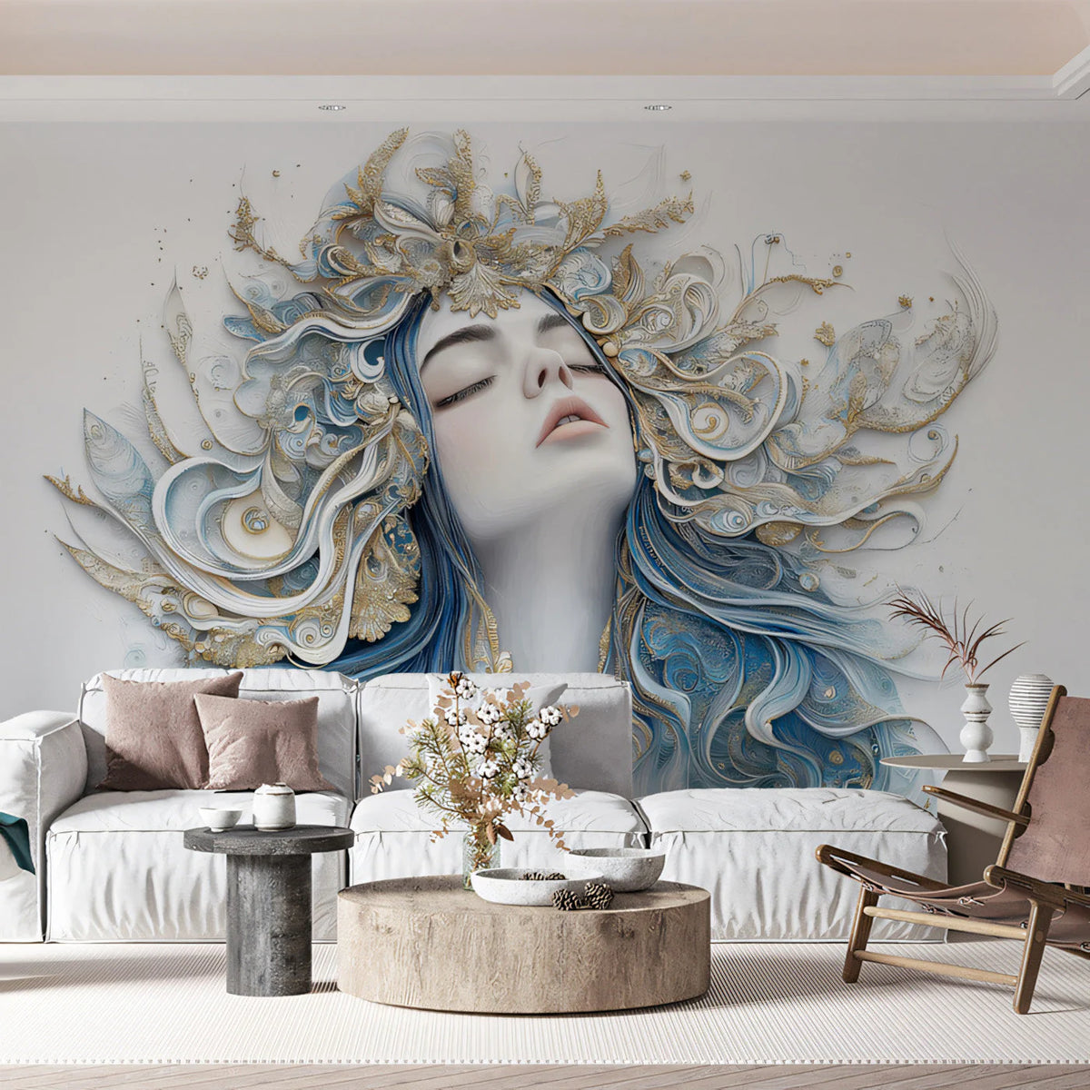 Celestial Muse Mural Wallpaper — Ethereal Blue and Gold Design Mural Wallpaper - pure wallpaper artwork
