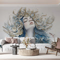 Celestial Muse Mural Wallpaper — Ethereal Blue and Gold Design Mural Wallpaper - pure wallpaper artwork