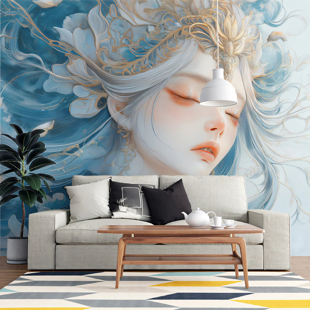 Celestial Dreamer Mural Wallpaper — Ethereal Blue and Gold Mural Wallpaper - pure wallpaper artwork