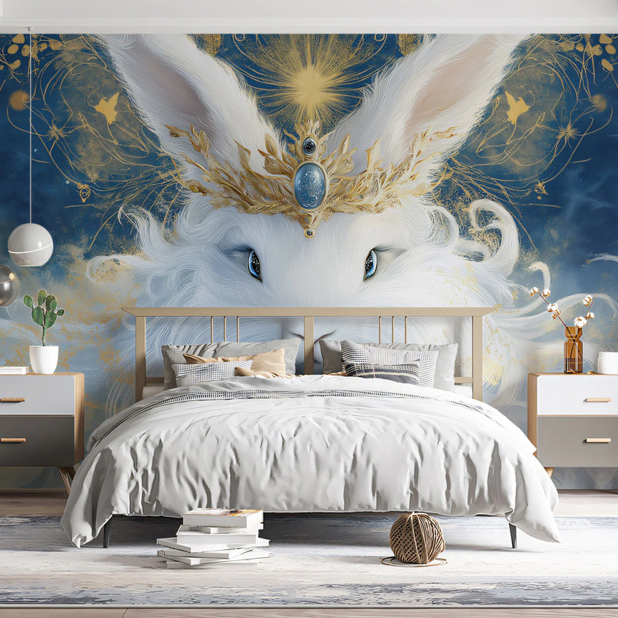 Celestial Rabbit Mural Wallpaper — Midnight Blue and Gold Mural Wallpaper