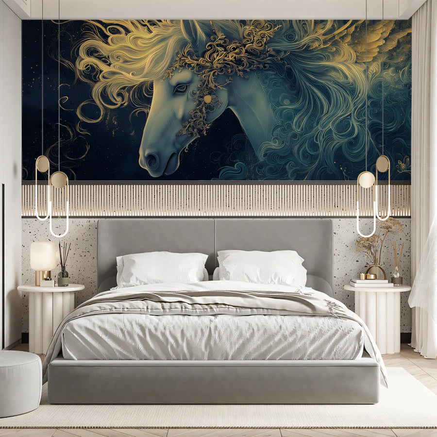 Celestial Horse Mural Wallpaper — Midnight Navy and Gold Mural Wallpaper