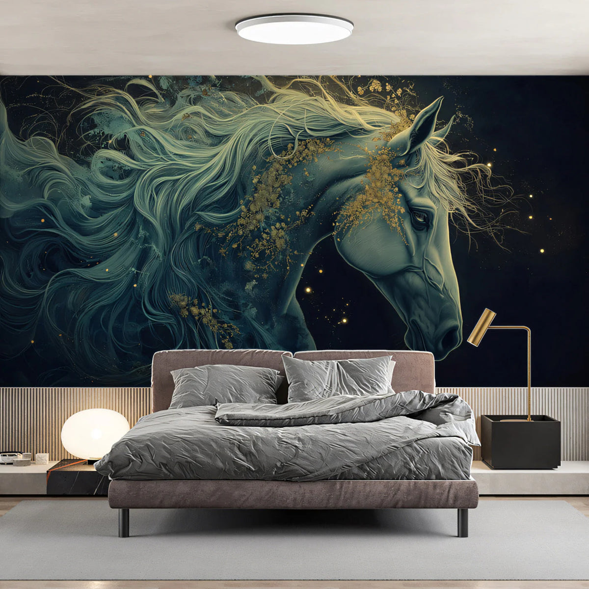 Ethereal Mythical Horse Mural Wallpaper — Celestial Navy and Gold Mural Wallpaper - pure wallpaper artwork
