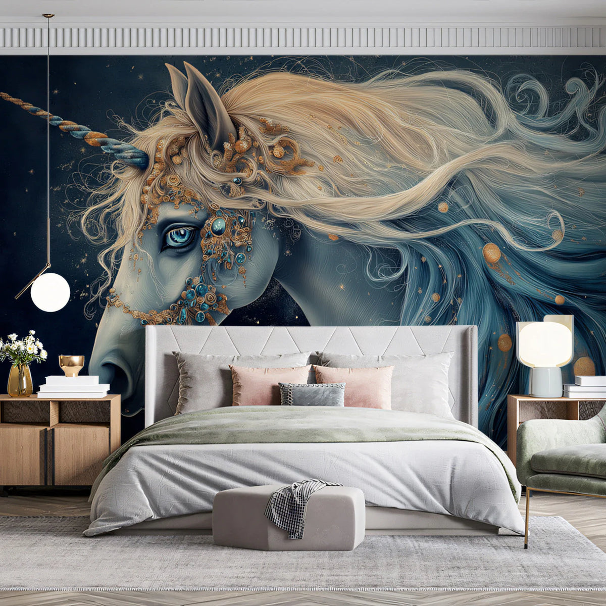 Celestial Unicorn Mural Wallpaper — Dark Blue Fantasy Art Mural Wallpaper - pure wallpaper artwork