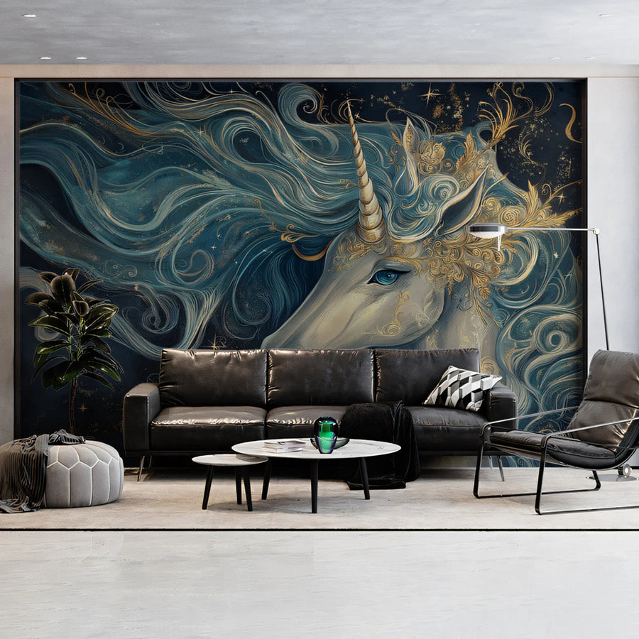 Celestial Unicorn Mural Wallpaper — Dark Blue Fantasy Art Mural Wallpaper