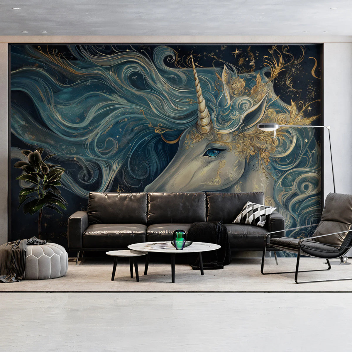 Celestial Unicorn Mural Wallpaper — Dark Blue Fantasy Art Mural Wallpaper - pure wallpaper artwork