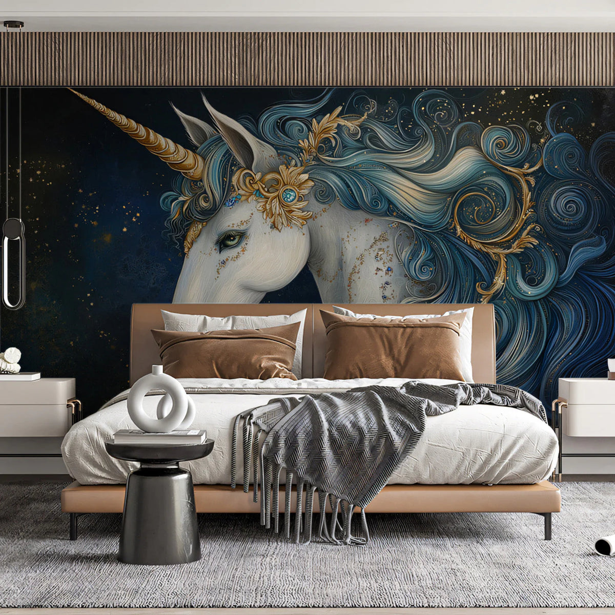 Celestial Unicorn Mural Wallpaper — Whimsical Gold and Blue Design Mural Wallpaper - pure wallpaper artwork