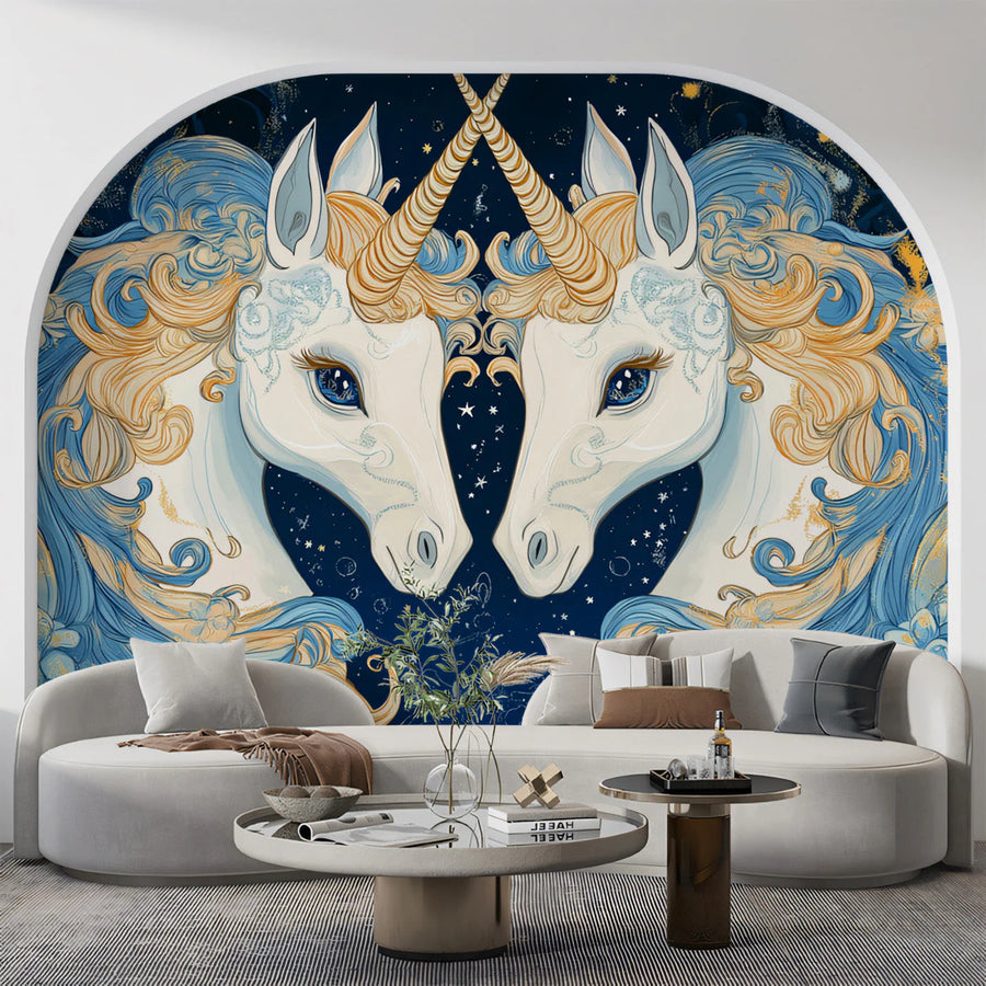 Celestial Gemini Unicorn Mural Wallpaper in Navy and Gold Mural Wallpaper