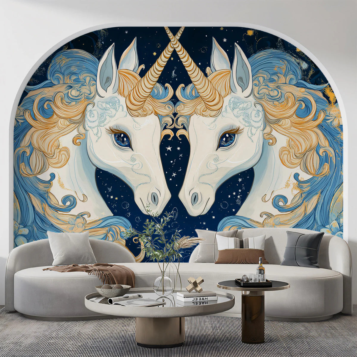 Celestial Gemini Unicorn Mural Wallpaper in Navy and Gold Mural Wallpaper - pure wallpaper artwork