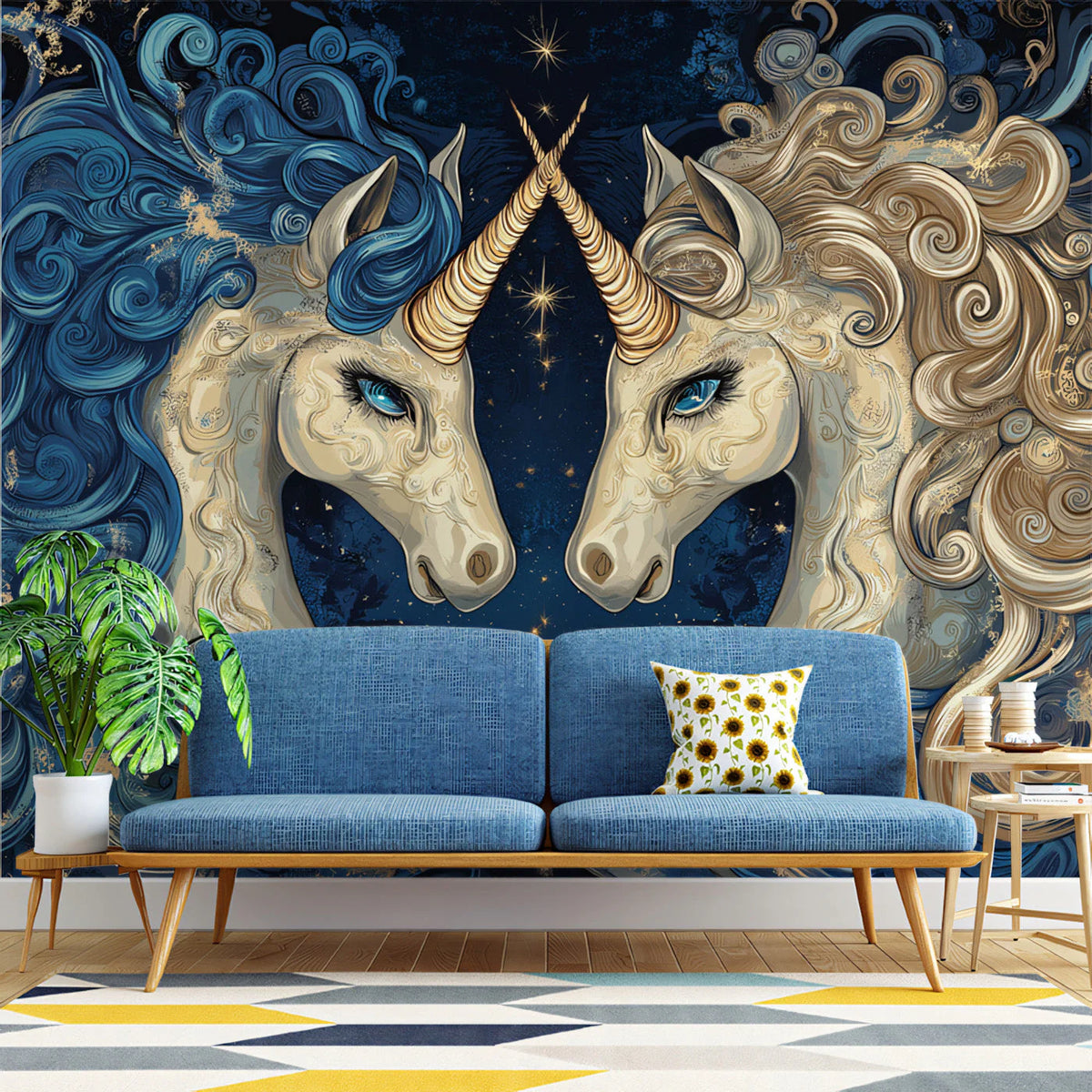 Celestial Gemini Unicorn Mural Wallpaper — Deep Blue and Gold Mural Wallpaper - pure wallpaper artwork