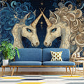 Celestial Gemini Unicorn Mural Wallpaper — Deep Blue and Gold Mural Wallpaper - pure wallpaper artwork