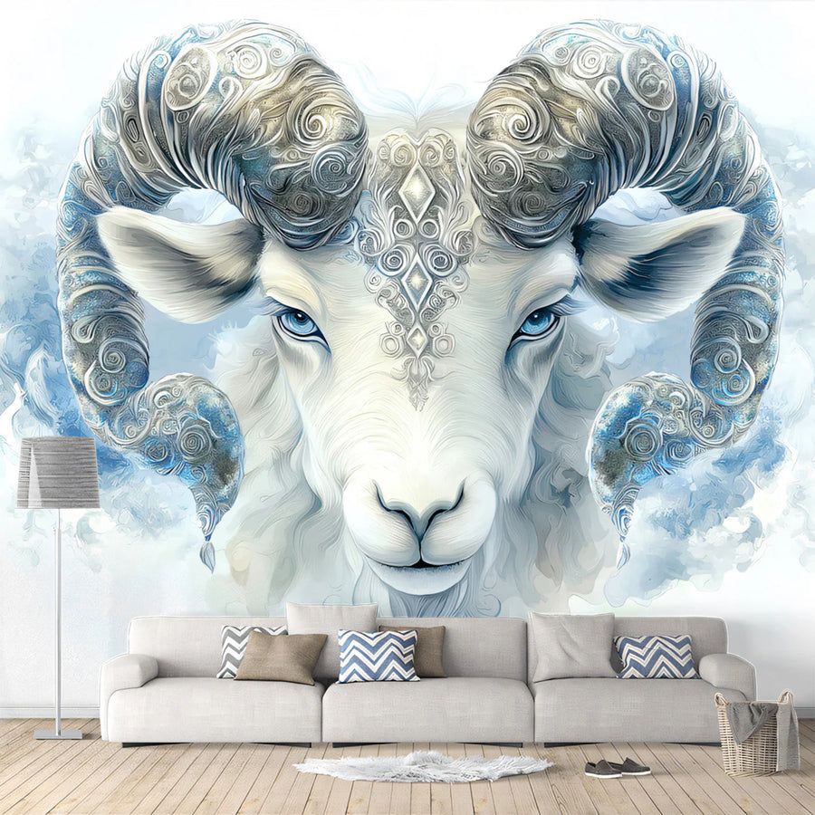 Celestial Ram Aries Mural Wallpaper — Ornate Zodiac Wall Art Mural Wallpaper