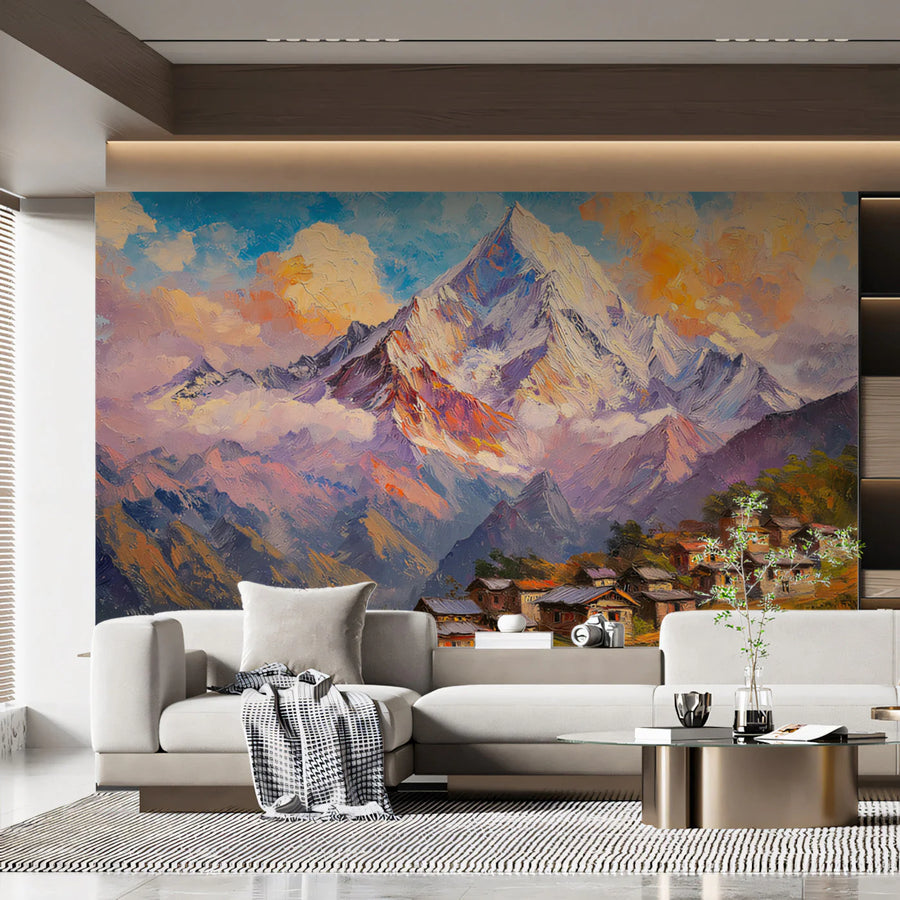 Alpine Village Oil Painting Mural Wallpaper — Impressionist Style Mural Wallpaper