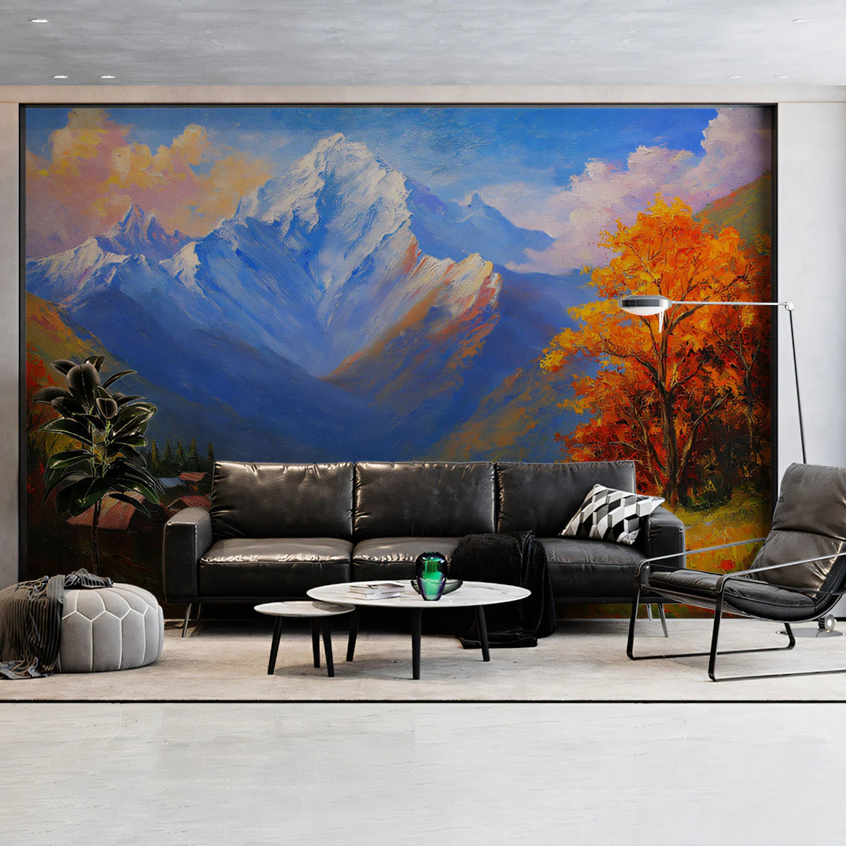 Alpine Autumn Vista Mural Wallpaper — Painterly Oil Landscape Mural Wallpaper - pure wallpaper artwork